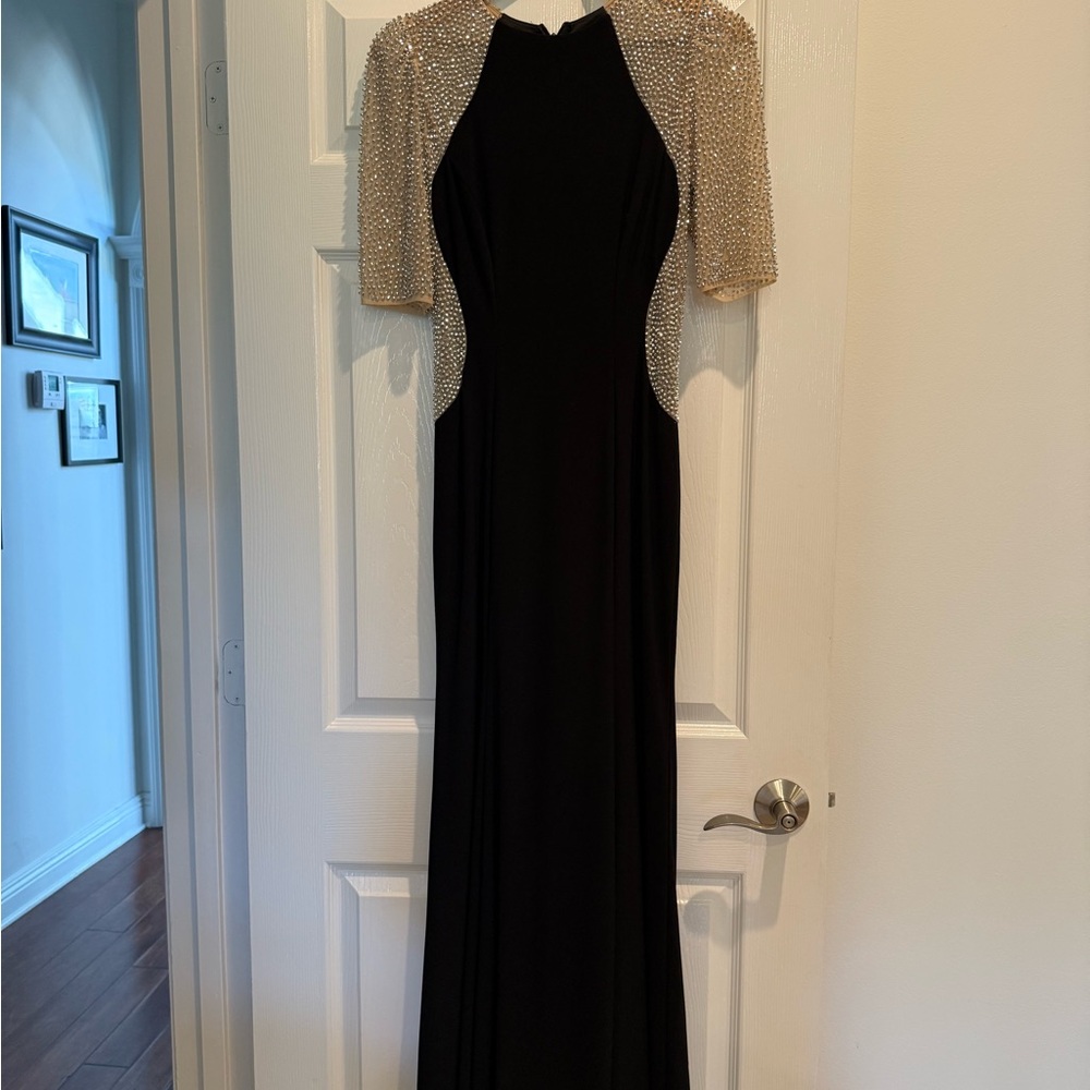 Xscape Black and White Striped Dress